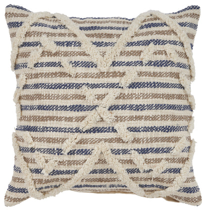 18" X 18" Blue and Beige Striped Cotton Zippered Pillow