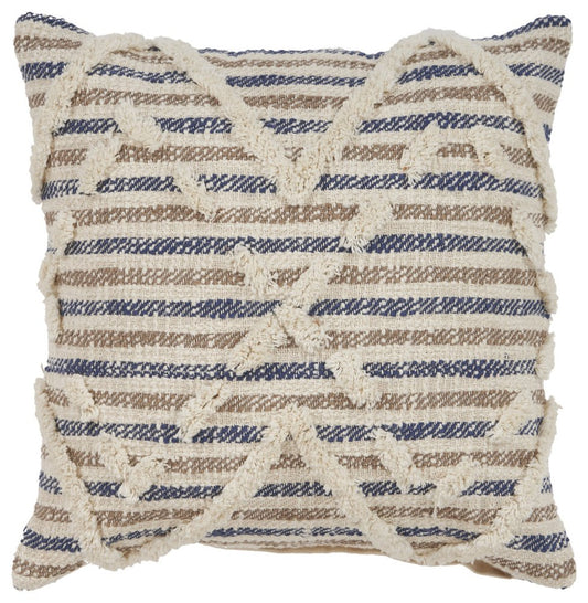 18" Blue And Beige Cotton Striped Throw Pillow
