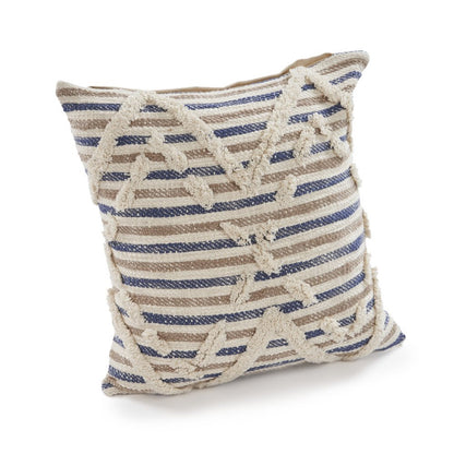 18" Blue And Beige Cotton Striped Throw Pillow