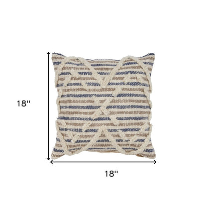18" Blue And Beige Cotton Striped Throw Pillow