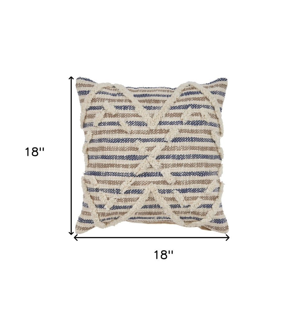 18" Blue And Beige Cotton Striped Throw Pillow