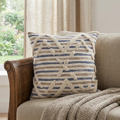18" Blue And Beige Cotton Striped Throw Pillow