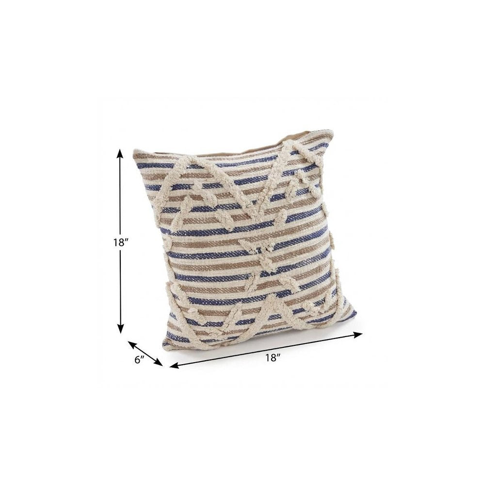 18" Blue And Beige Cotton Striped Throw Pillow