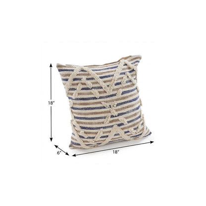 18" Blue And Beige Cotton Striped Throw Pillow
