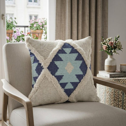 20" X 20" Blue And Cream 100% Cotton Geometric Zippered Pillow