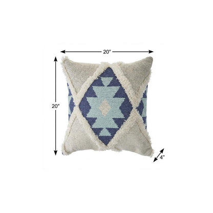 20" X 20" Blue And Cream 100% Cotton Geometric Zippered Pillow