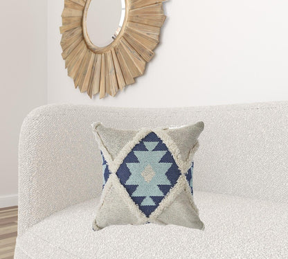20" X 20" Blue And Cream 100% Cotton Geometric Zippered Pillow