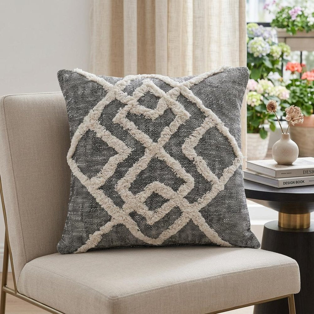 20" X 20" Black And Cream 100% Cotton Geometric Zippered Pillow