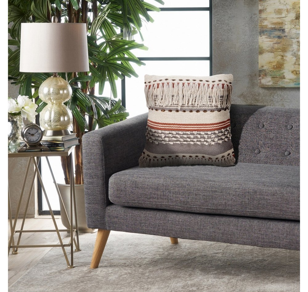 18" Beige and Red Throw Pillow with Fringe