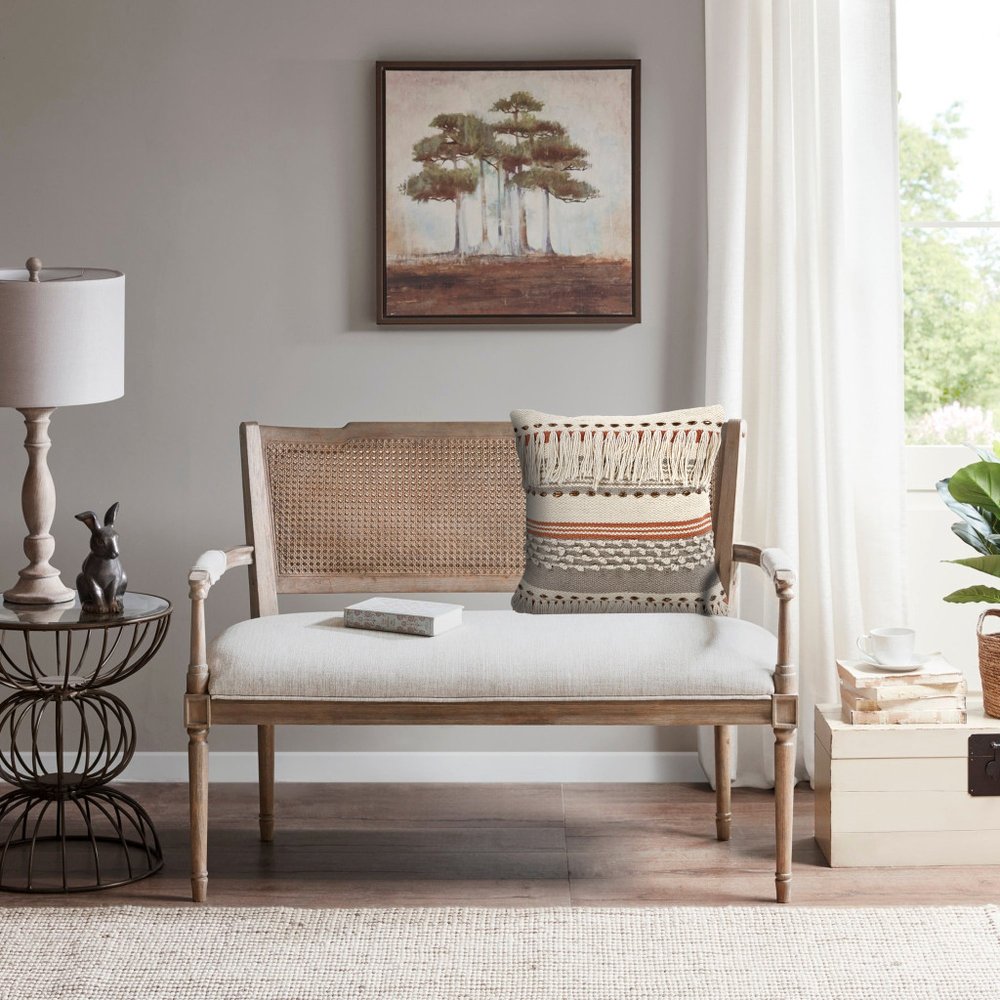 18" Beige and Red Throw Pillow with Fringe