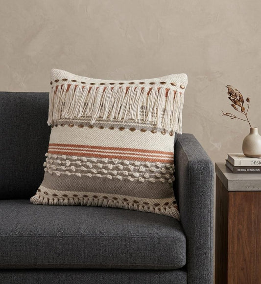 18" Beige and Red Throw Pillow with Fringe
