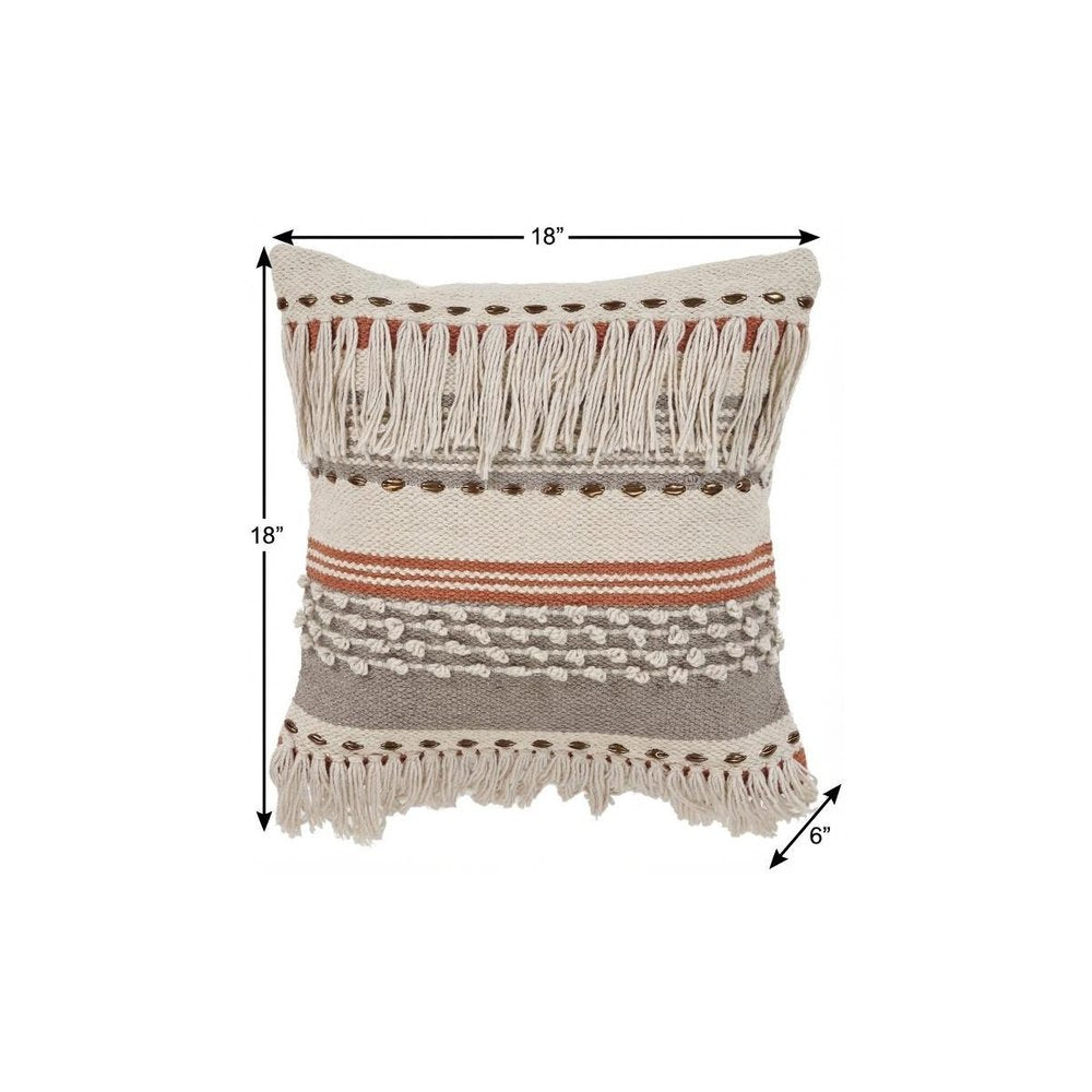 18" Beige and Red Throw Pillow with Fringe