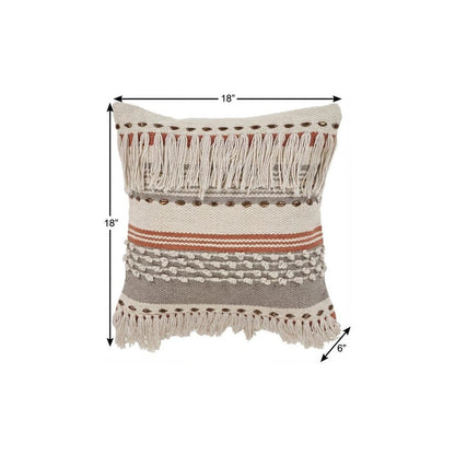 18" Beige and Red Throw Pillow with Fringe