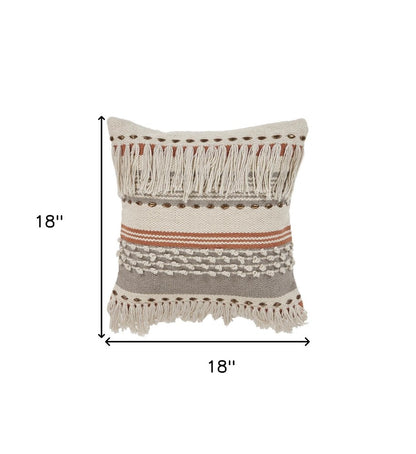 18" Beige and Red Throw Pillow with Fringe