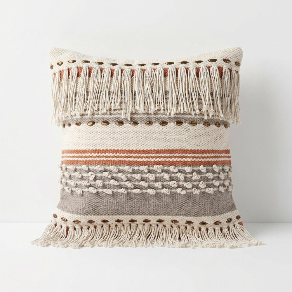 18" Beige and Red Throw Pillow with Fringe