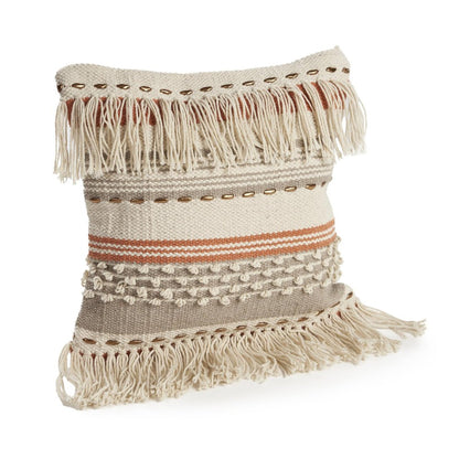 18" Beige and Red Throw Pillow with Fringe