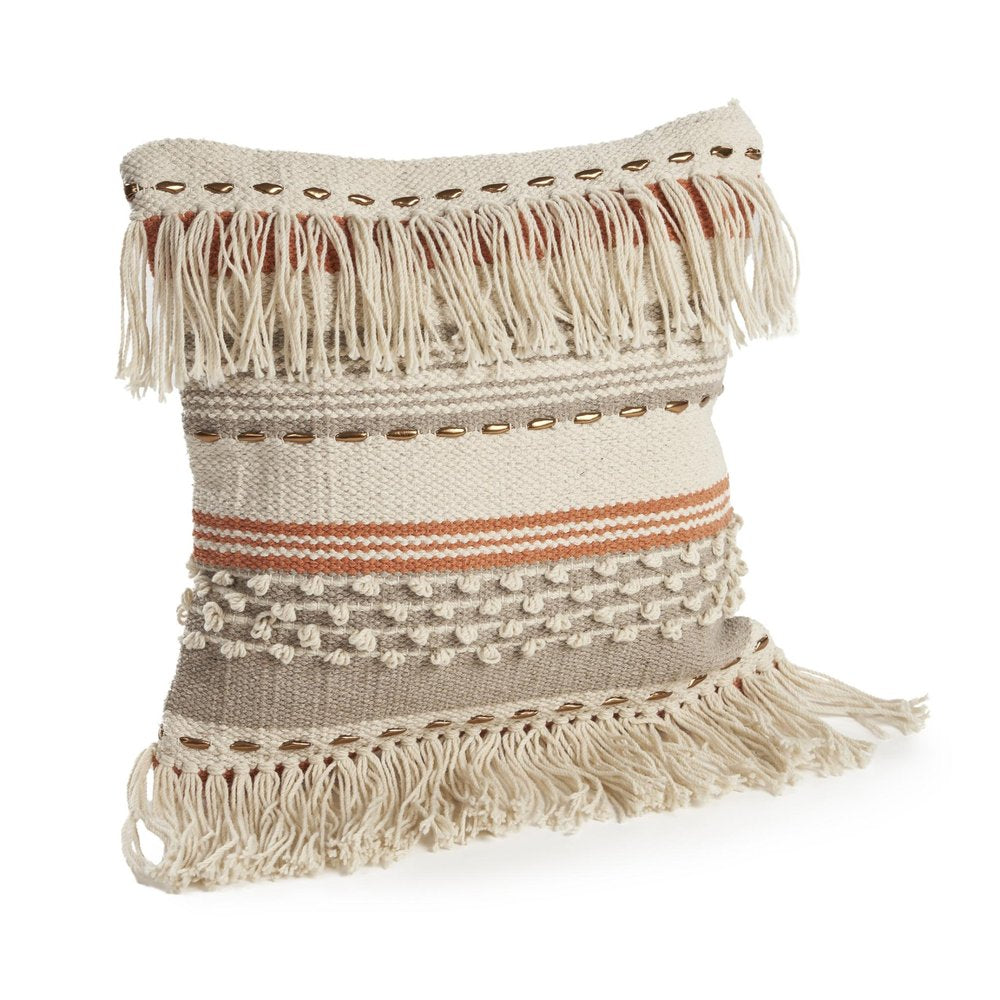 18" Beige and Red Throw Pillow with Fringe