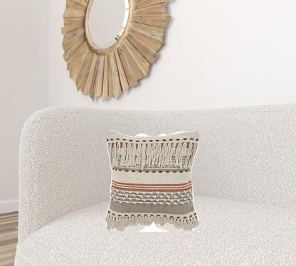 18" Beige and Red Throw Pillow with Fringe