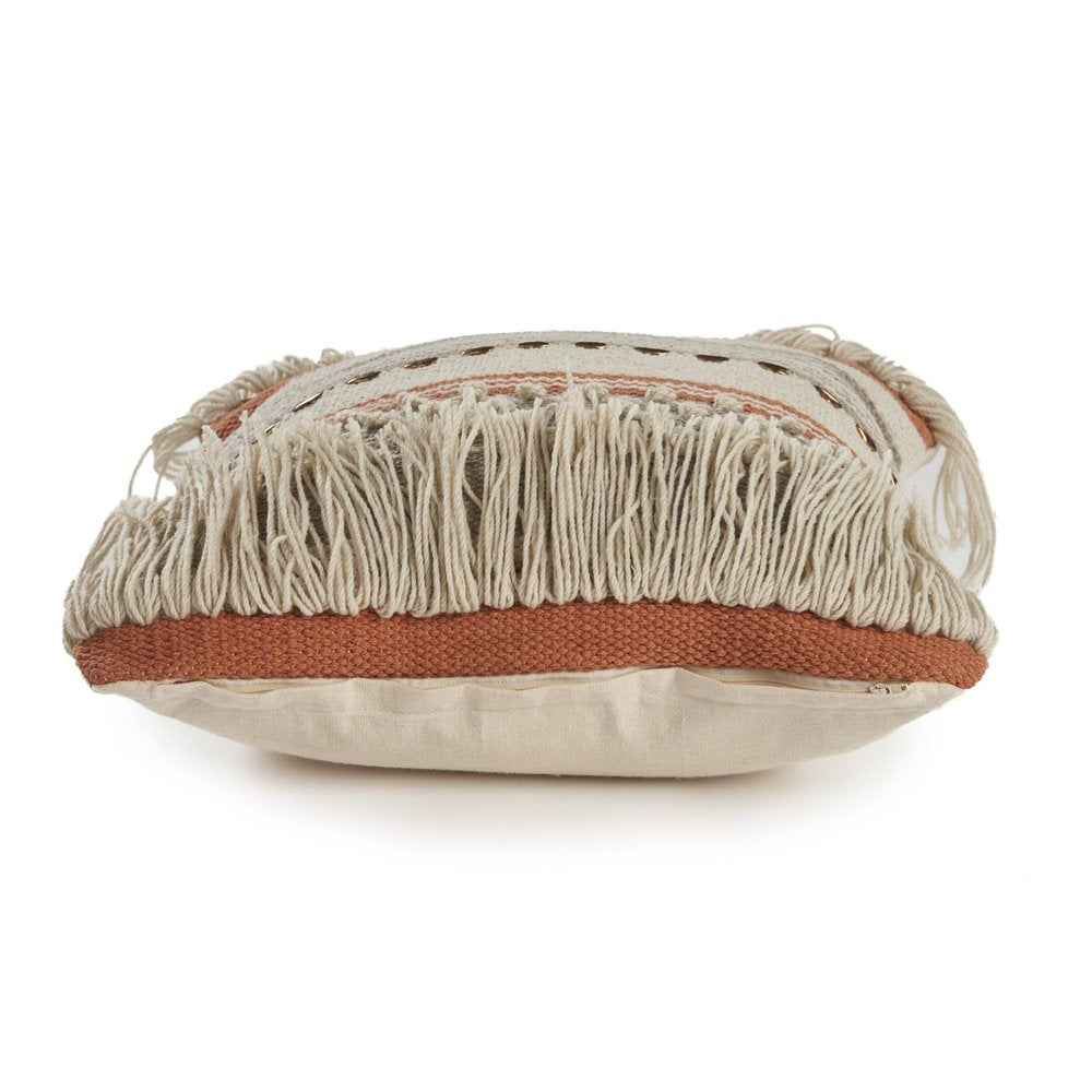 18" Beige and Red Throw Pillow with Fringe