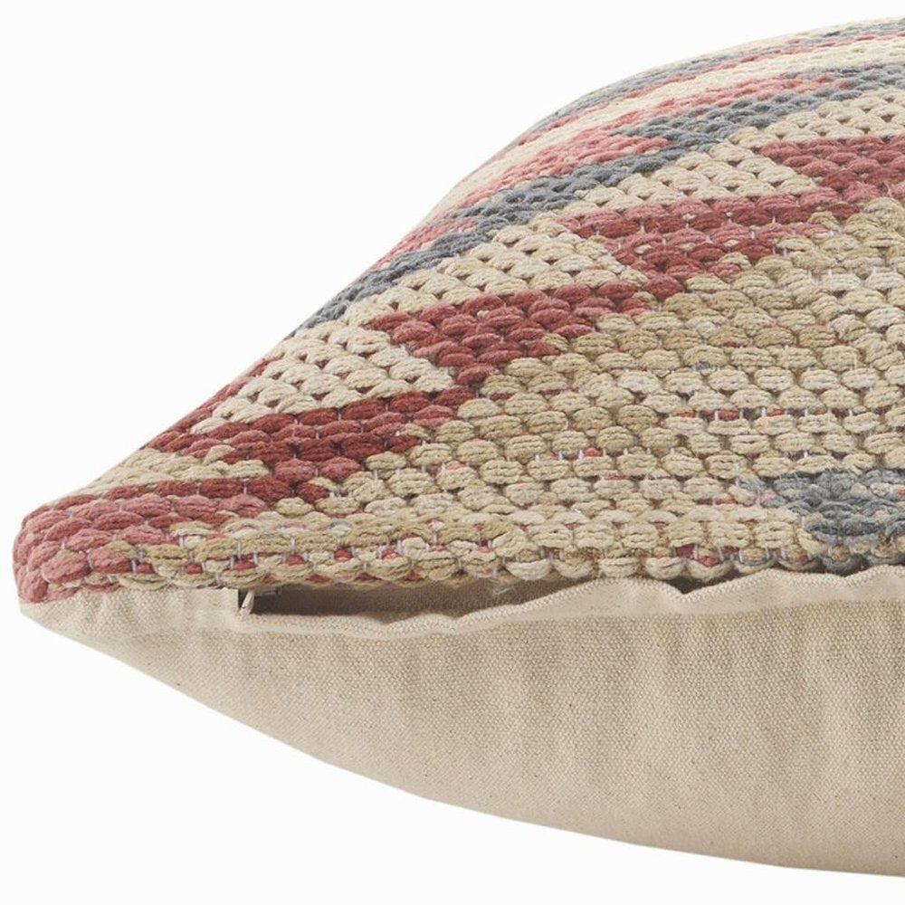 18" X 18" Blue Cream And Red 100% Cotton Geometric Zippered Pillow