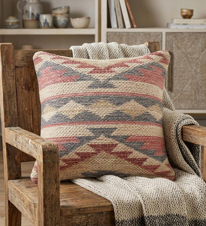 18" X 18" Blue Cream And Red 100% Cotton Geometric Zippered Pillow