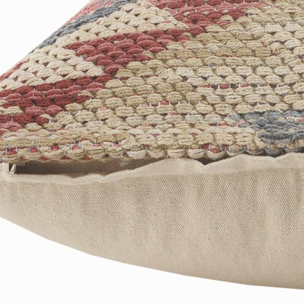 18" X 18" Blue Cream And Red 100% Cotton Geometric Zippered Pillow