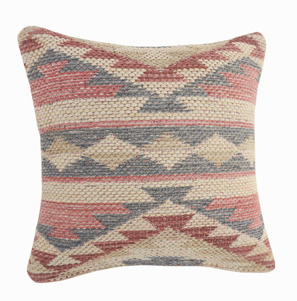 18" X 18" Blue Cream And Red 100% Cotton Geometric Zippered Pillow