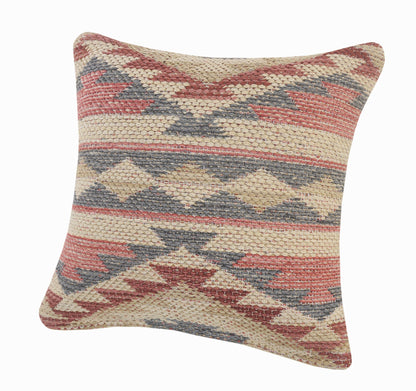 18" X 18" Blue Cream And Red 100% Cotton Geometric Zippered Pillow