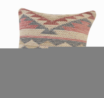 18" X 18" Blue Cream And Red 100% Cotton Geometric Zippered Pillow