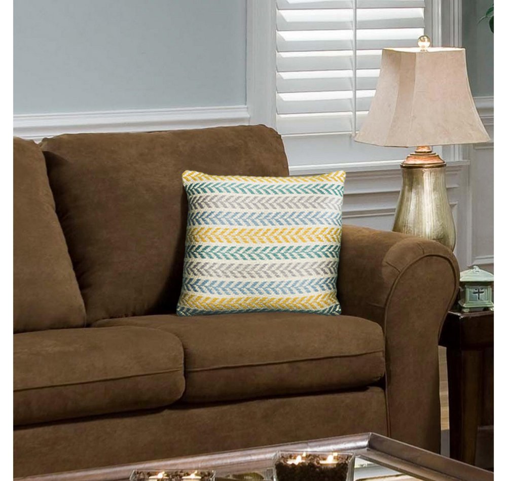 18" Yellow And Teal Striped Cotton Throw Pillow