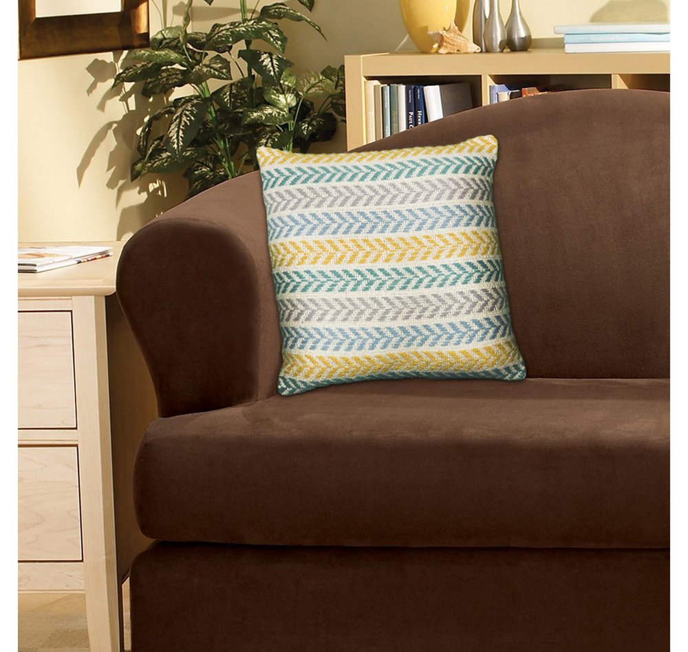 18" Yellow And Teal Striped Cotton Throw Pillow