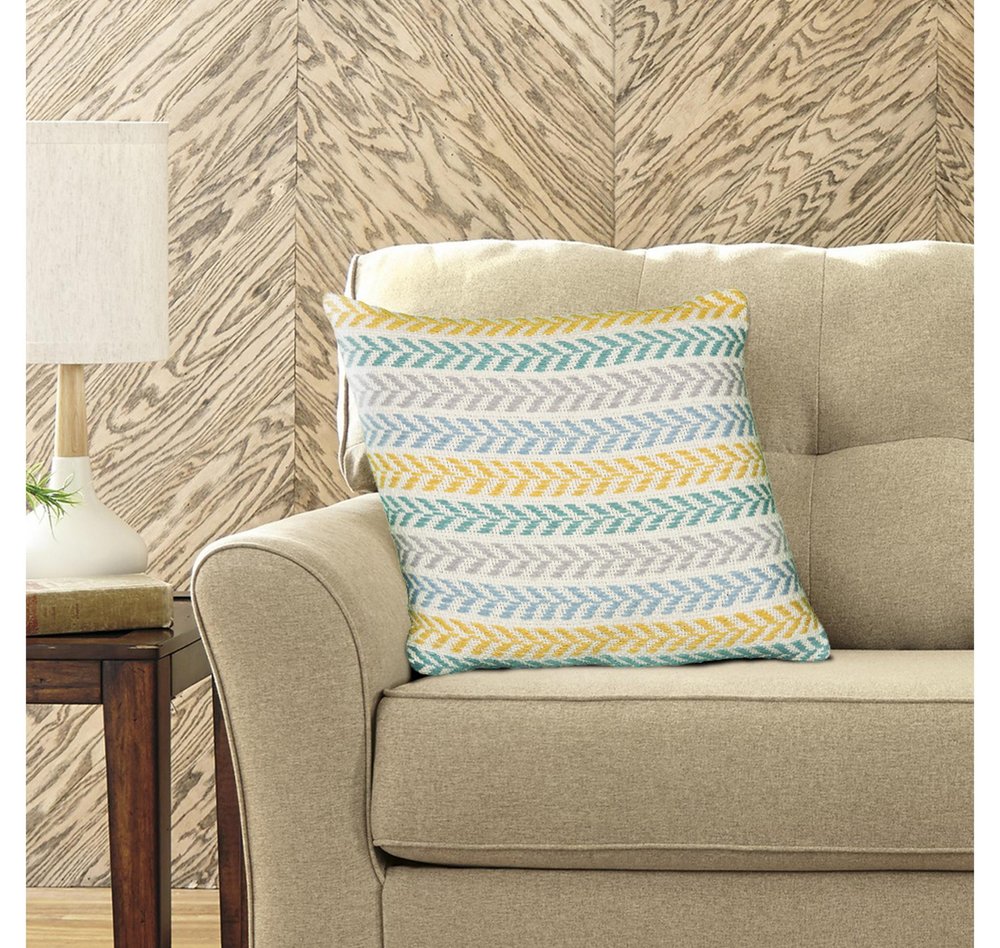 18" Yellow And Teal Striped Cotton Throw Pillow
