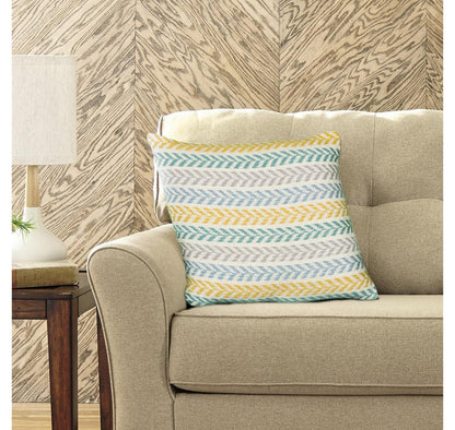 18" Yellow And Teal Striped Cotton Throw Pillow