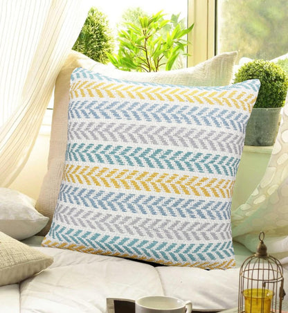 18" Yellow And Teal Striped Cotton Throw Pillow