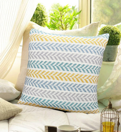 18" X 18" Yellow And Teal 100% Cotton Striped Zippered Pillow