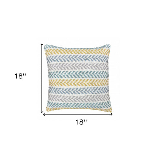18" Yellow And Teal Striped Cotton Throw Pillow