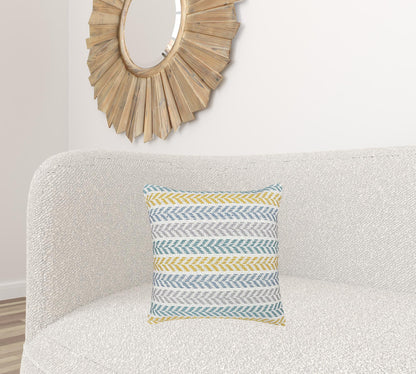 18" X 18" Yellow And Teal 100% Cotton Striped Zippered Pillow