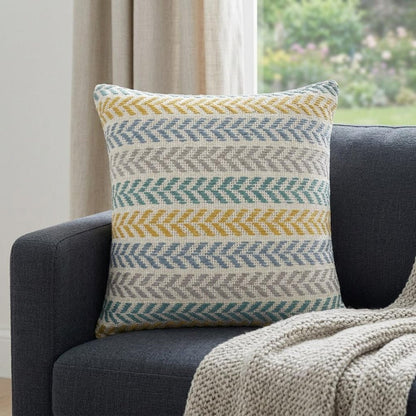 18" X 18" Yellow And Teal 100% Cotton Striped Zippered Pillow