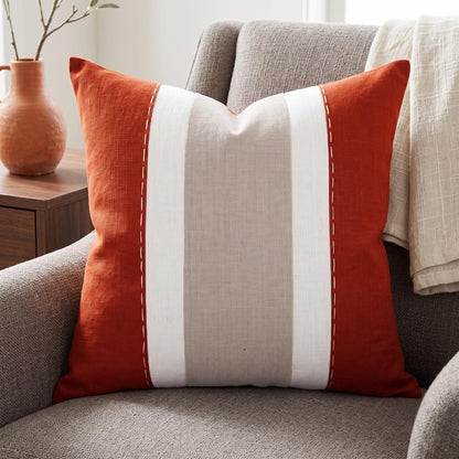 20" X 20" Rust And Gray Linen Striped Zippered Pillow