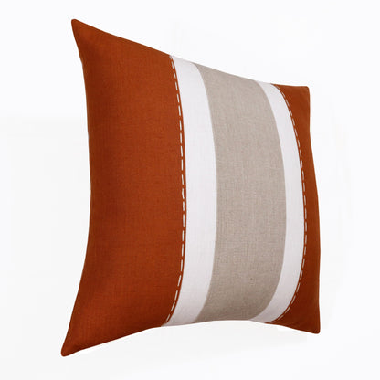 20" X 20" Rust And Gray Linen Striped Zippered Pillow