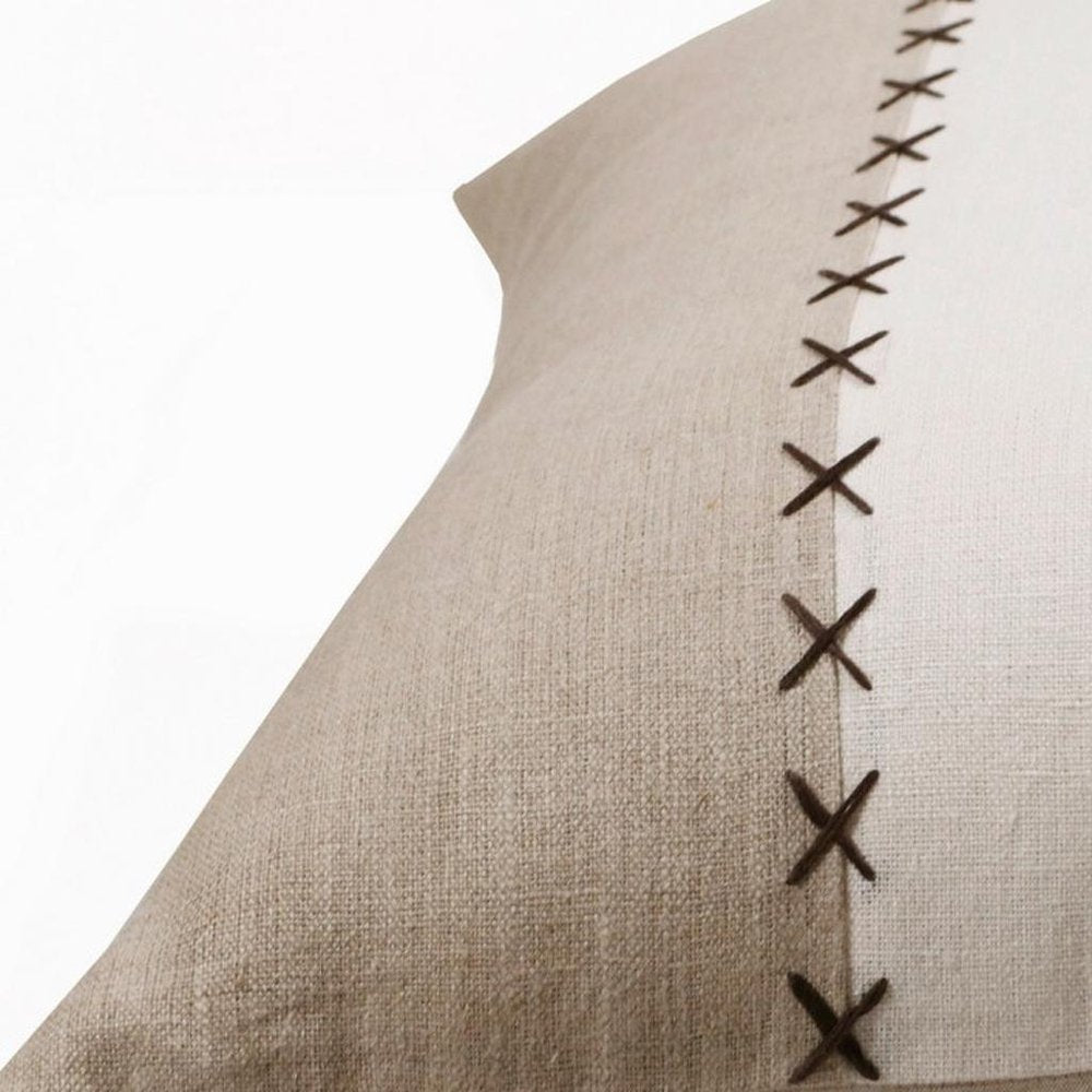 20" X 20" Gray And Tan Linen Patchwork Zippered Pillow