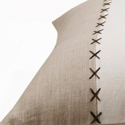 20" X 20" Gray And Tan Linen Patchwork Zippered Pillow