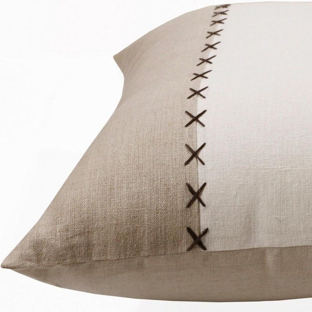 20" X 20" Gray And Tan Linen Patchwork Zippered Pillow