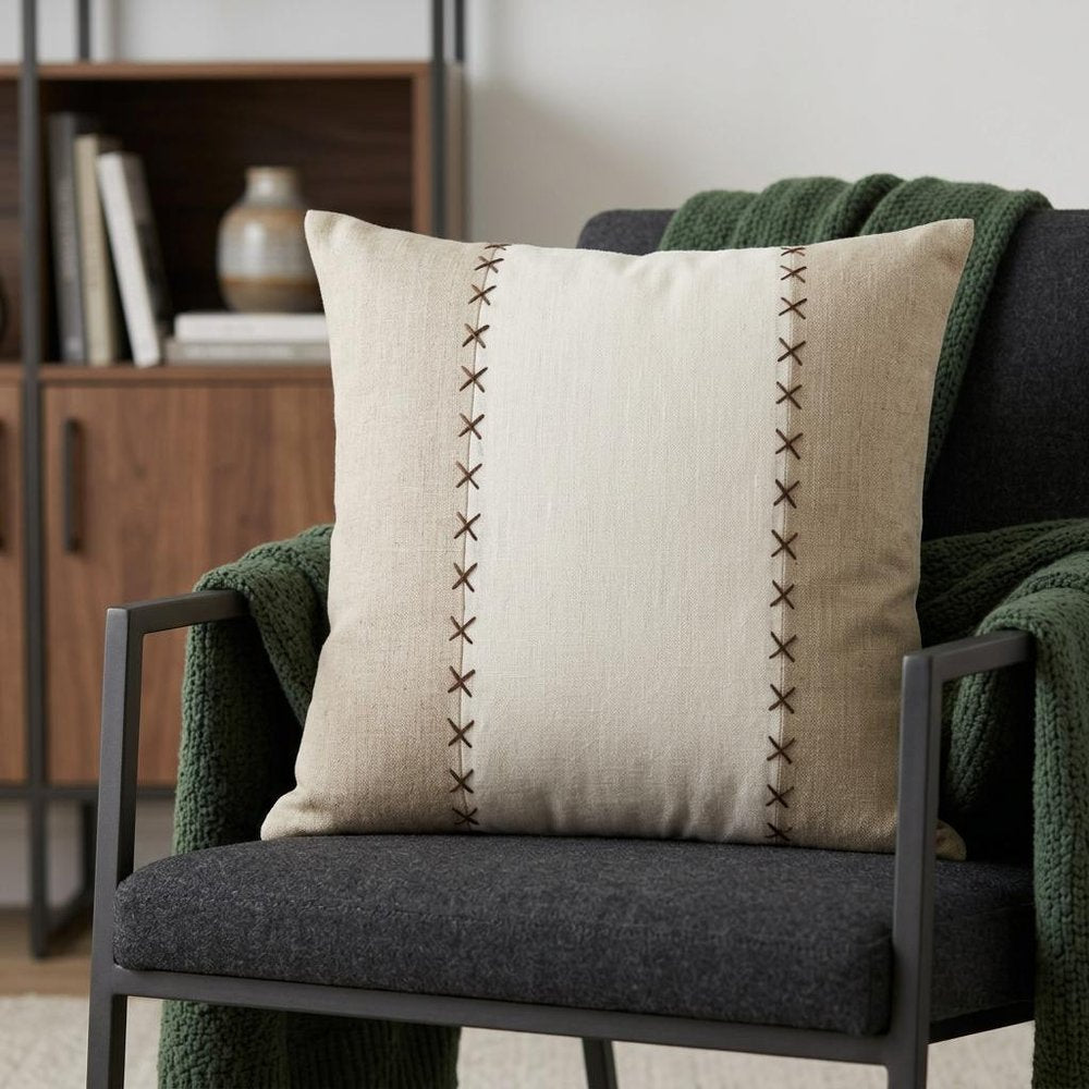20" X 20" Gray And Tan Linen Patchwork Zippered Pillow