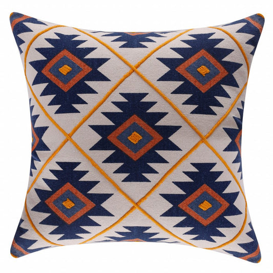 20" X 20" Blue And White 100% Cotton Geometric Zippered Pillow
