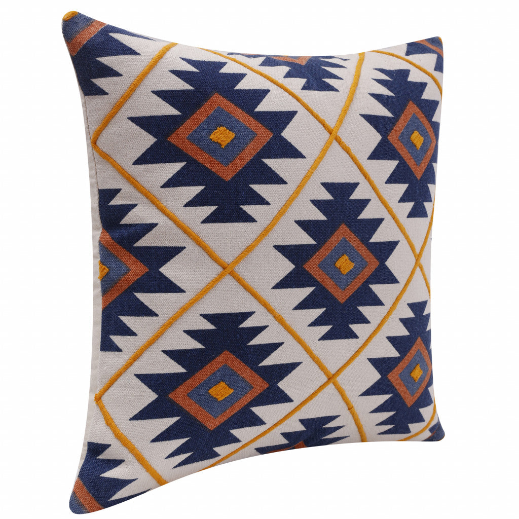 20" X 20" Blue 100% Cotton Geometric Zippered Pillow