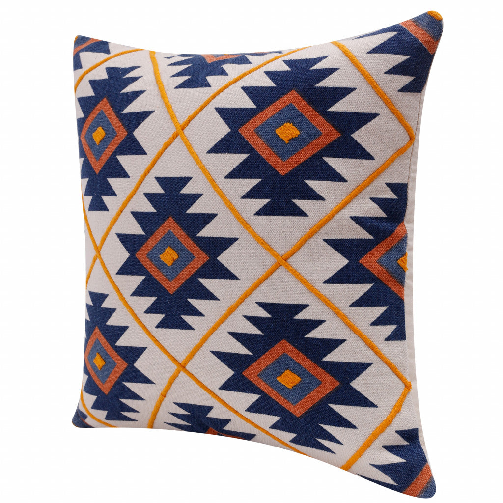 20" X 20" Blue 100% Cotton Geometric Zippered Pillow