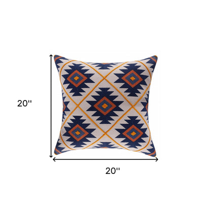 20" X 20" Blue 100% Cotton Geometric Zippered Pillow