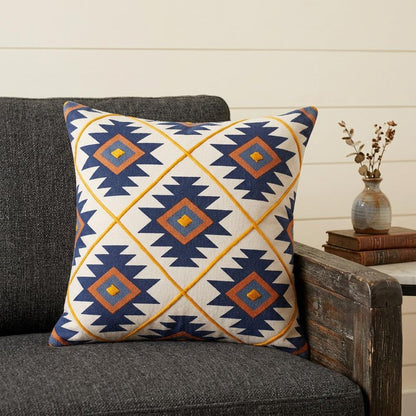 20" X 20" Blue 100% Cotton Geometric Zippered Pillow