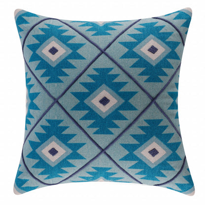 20" X 20" Blue 100% Cotton Geometric Zippered Pillow